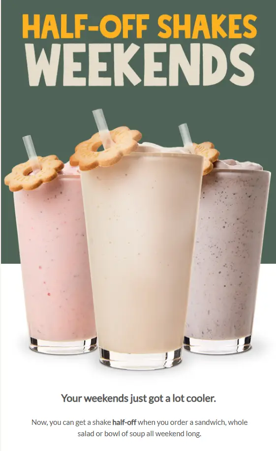 Potbelly Sandwich Shop 1/2 off shakes