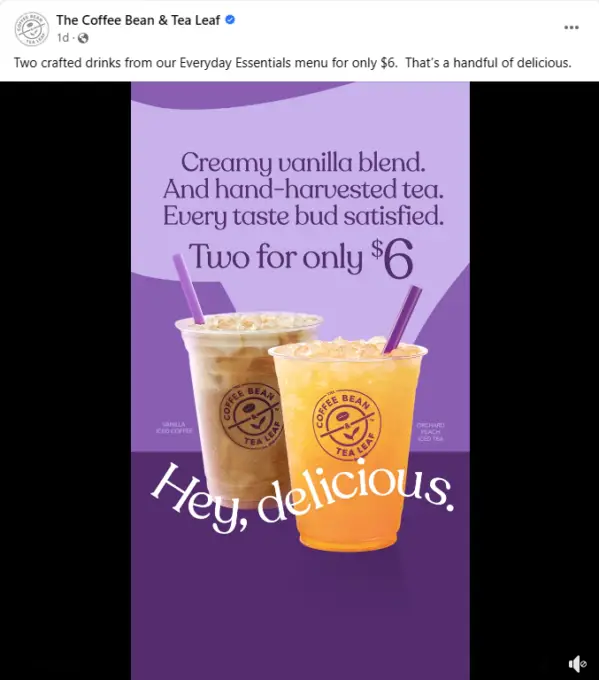 Coffee Bean And Tea Leaf 2 for $6 special
