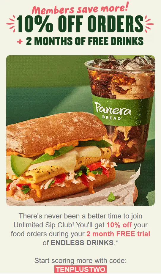 Panera 2 free months and 10% off promo code
