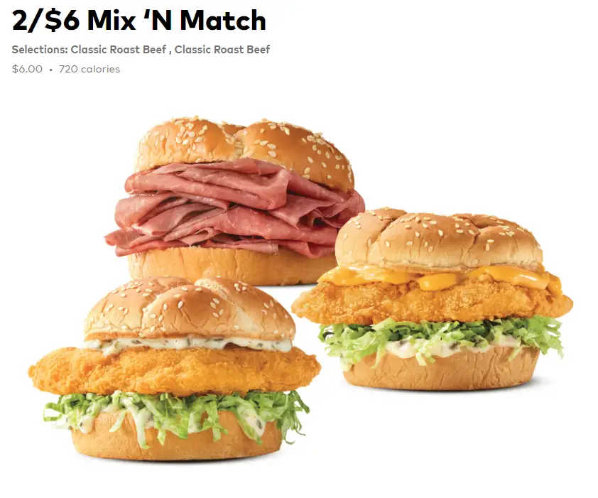 Arby's 2 for $6 menu