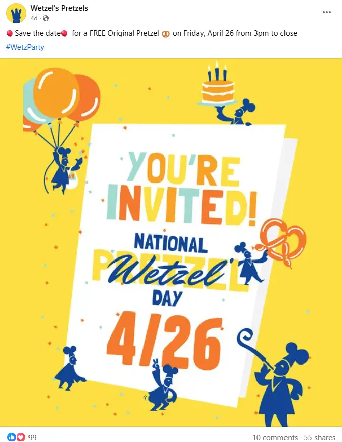 Wetzel's Pretzels free pretzel 4/26