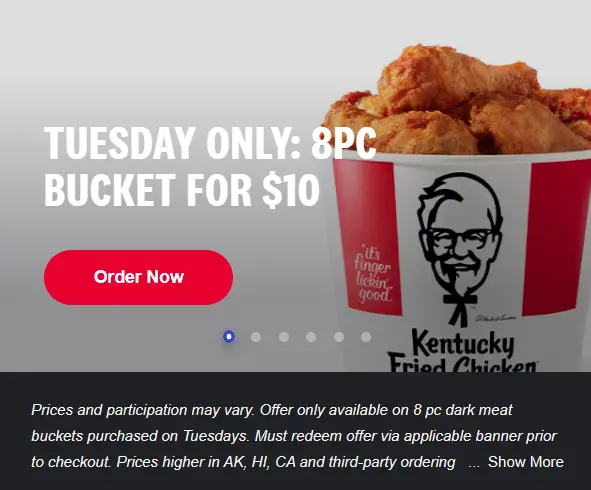 KFC $10 for 8 Piece Bucket Tuesday deal