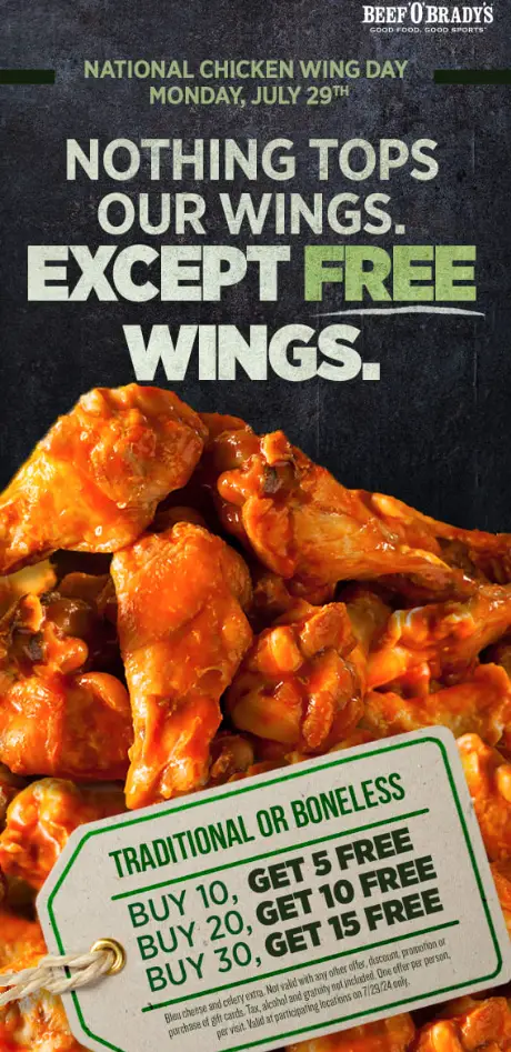 Beef 'O' Brady's chicken wings day deal