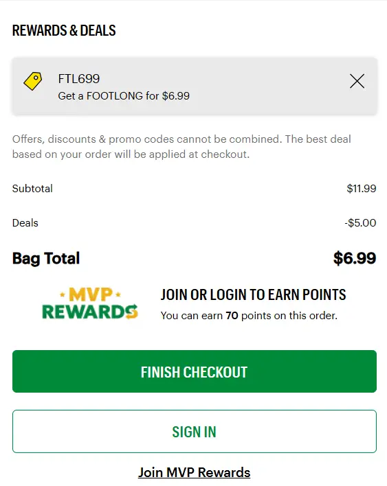 Subway $6.99 footlong promo code