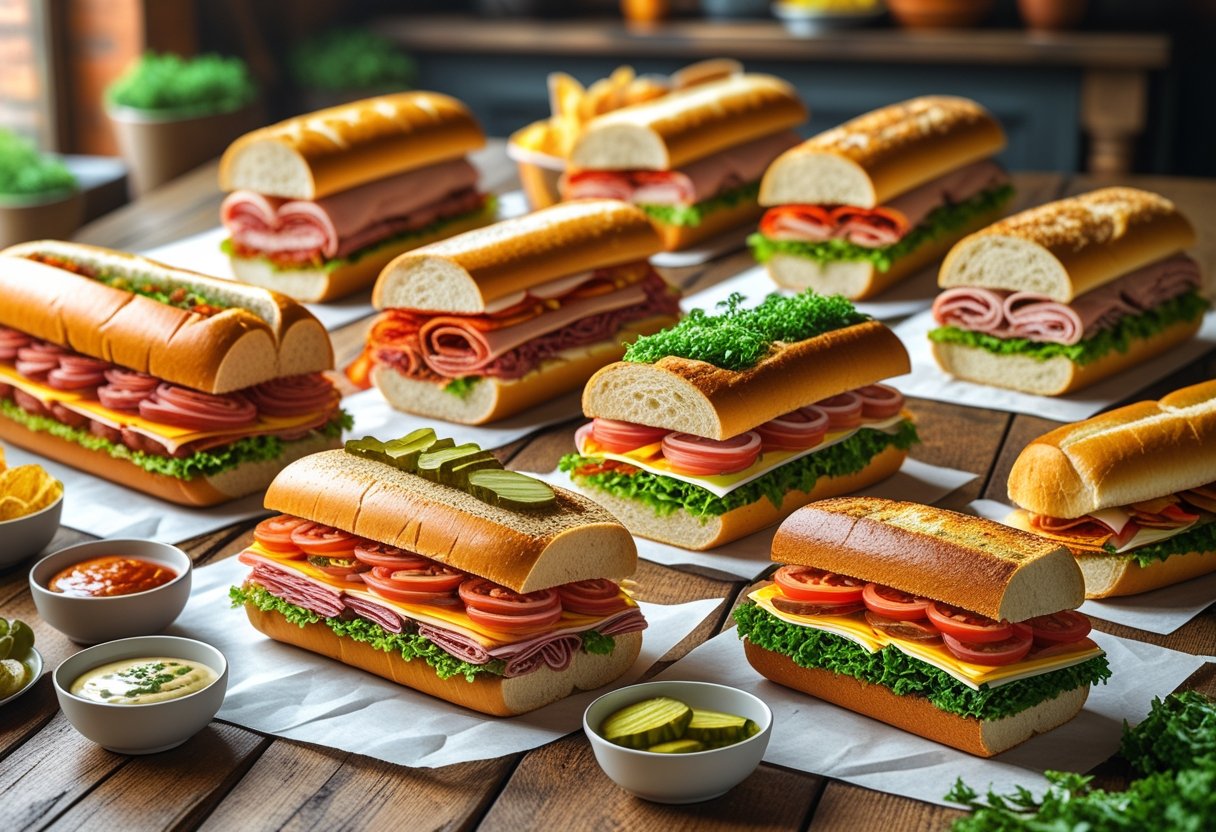 A variety of freshly made submarine sandwiches from Jersey Mike's, Jimmy John's, and Subway arranged on a wooden table with fresh ingredients and side items.