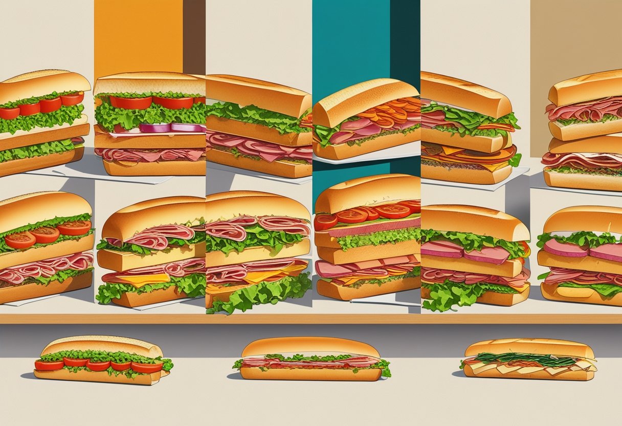An illustration showing a variety of sandwiches from three popular sandwich chains, each displayed on separate boards with fresh ingredients like lettuce, tomatoes, meats, and cheeses.