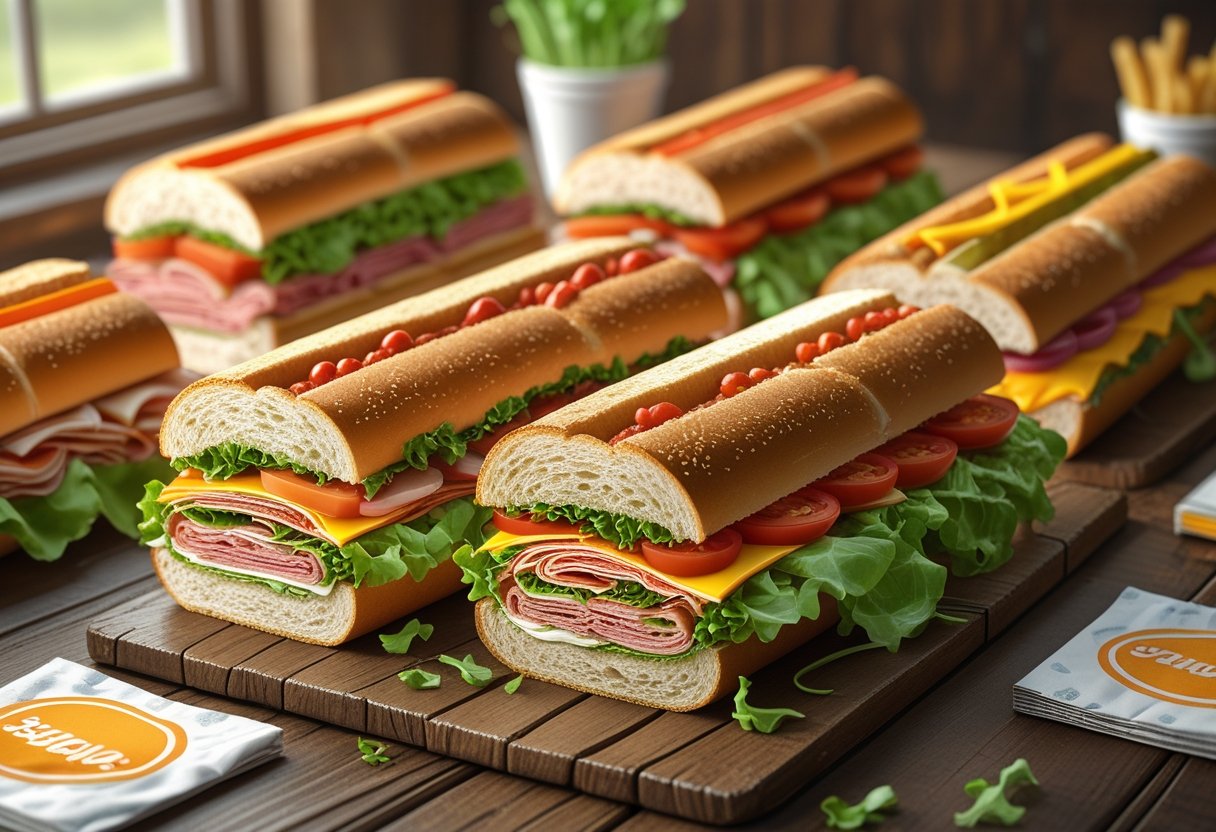 A variety of submarine sandwiches from Jersey Mike's, Jimmy John's, and Subway arranged on a wooden table, showing fresh ingredients like lettuce, tomatoes, meats, and cheese.