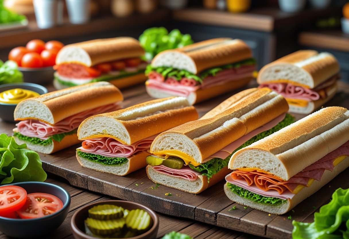 A variety of freshly made submarine sandwiches arranged on a wooden table with different breads, meats, cheeses, and fresh vegetables.