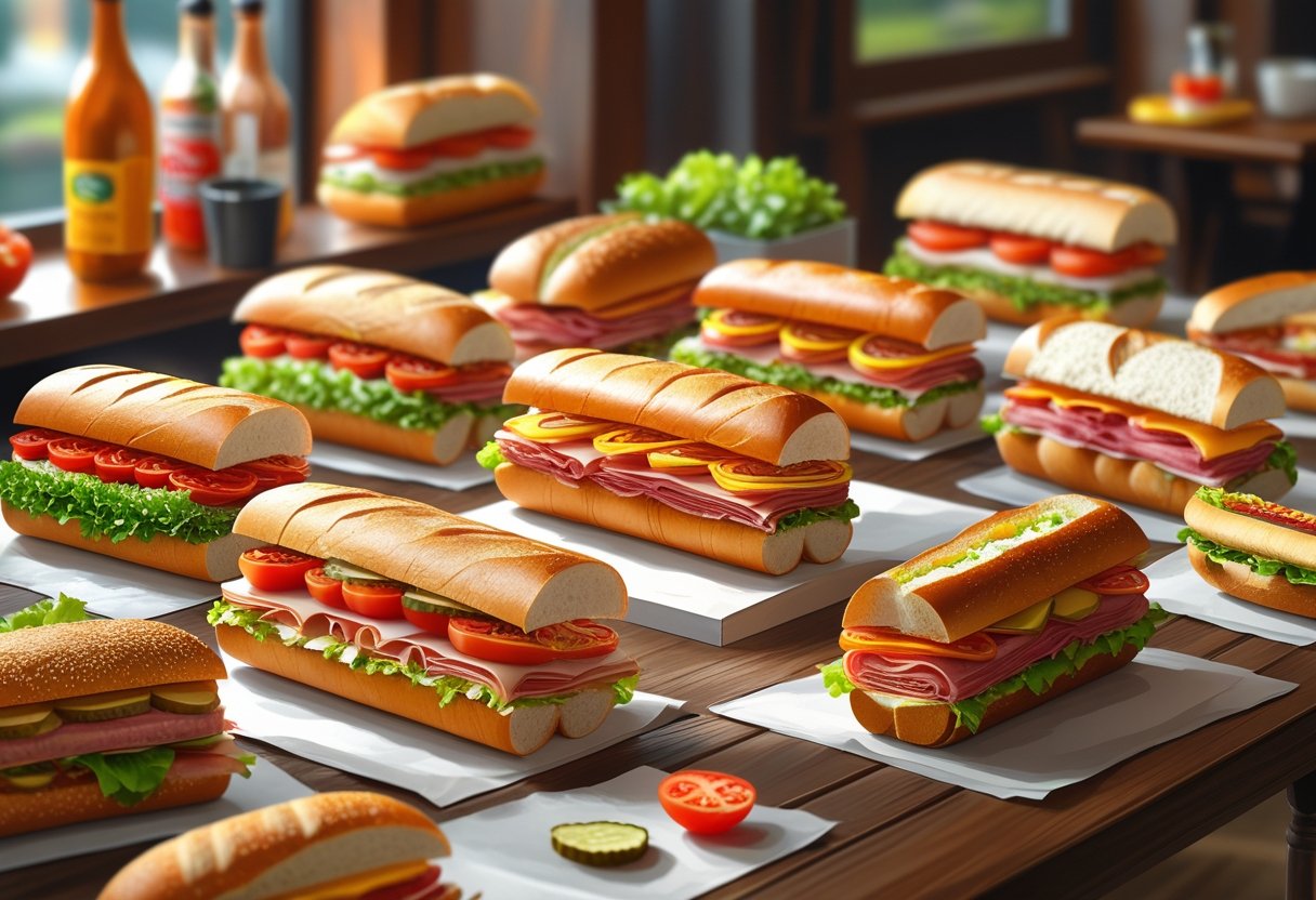 A table displaying a variety of freshly made submarine sandwiches from three different sandwich shops, arranged in groups with fresh ingredients like lettuce, tomatoes, meats, and cheeses.
