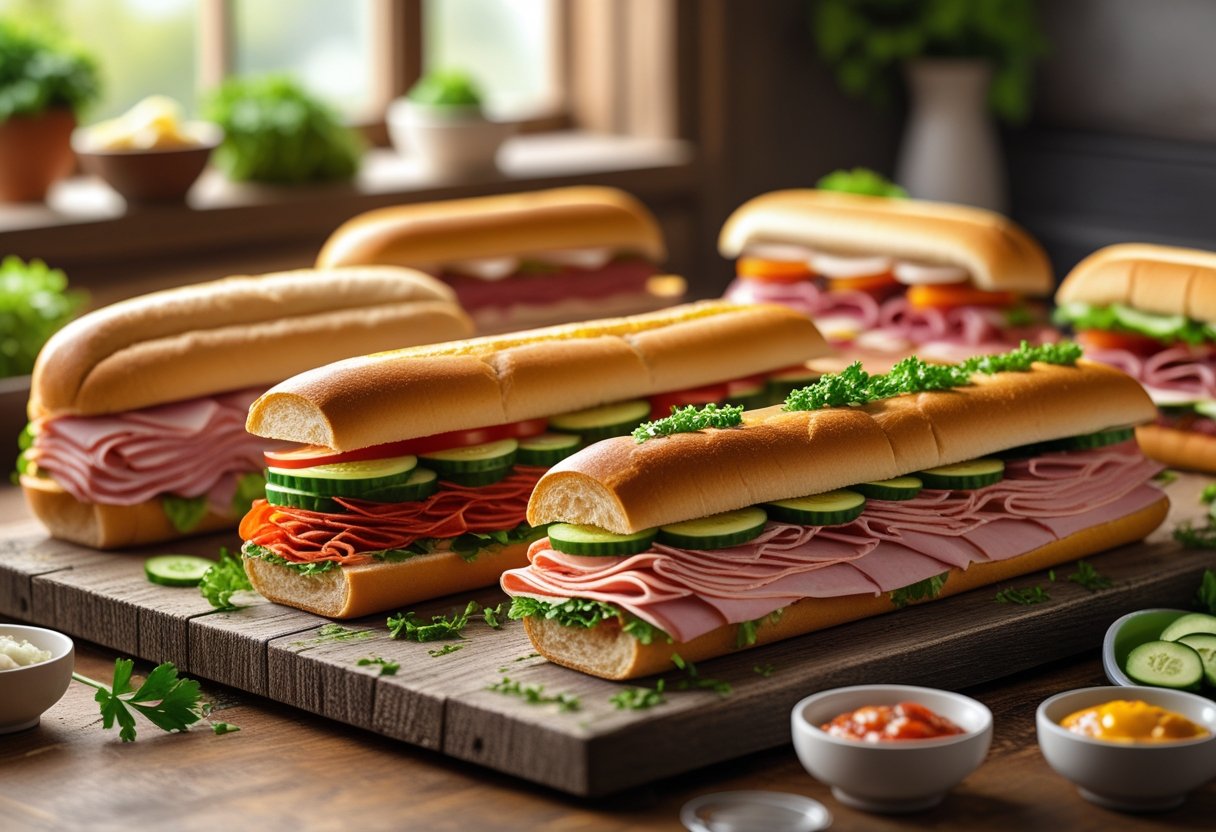 A variety of freshly made submarine sandwiches with meats, cheeses, and vegetables arranged on a wooden board.
