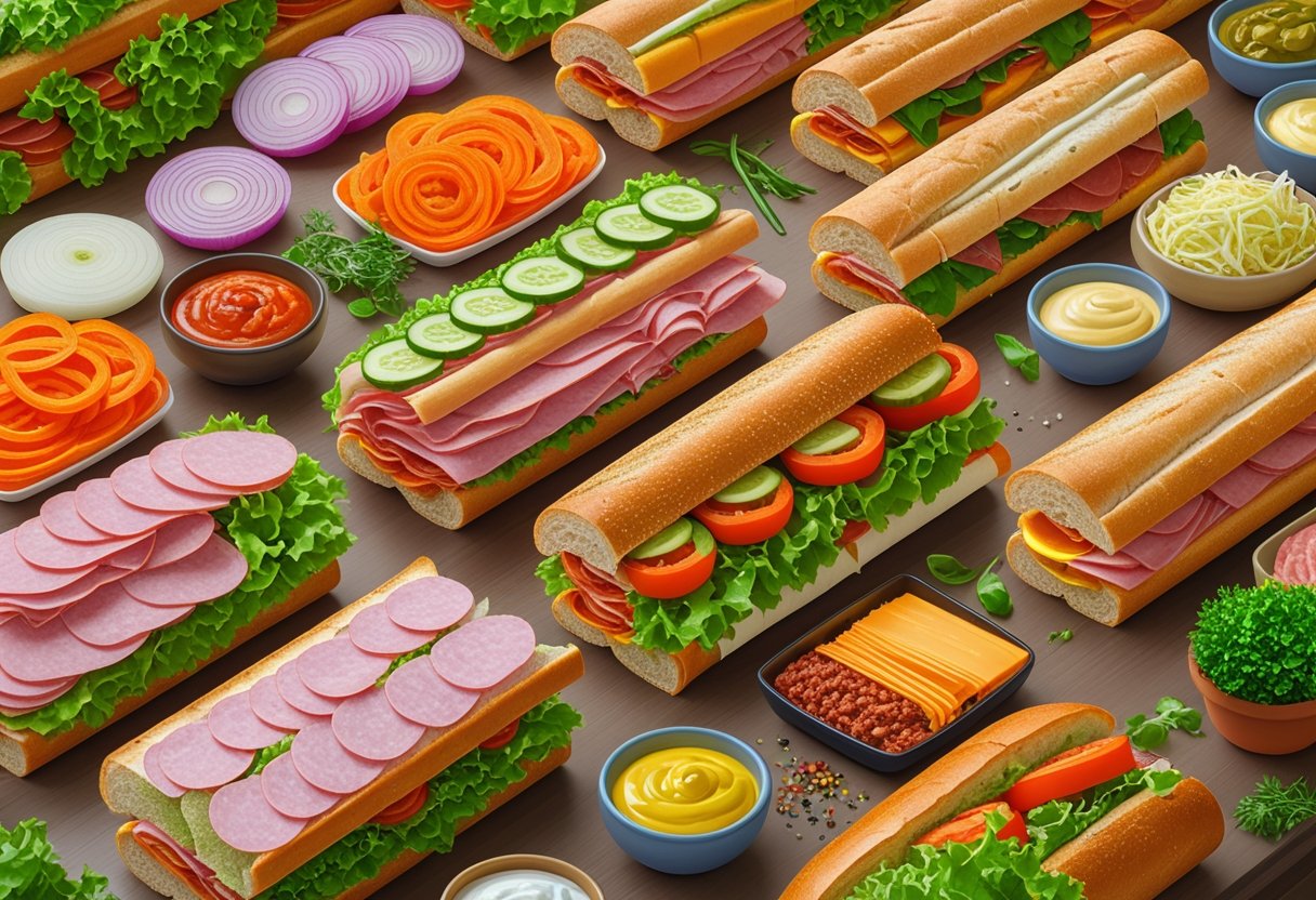 An assortment of fresh sandwich ingredients and several completed sub sandwiches arranged on a wooden surface.