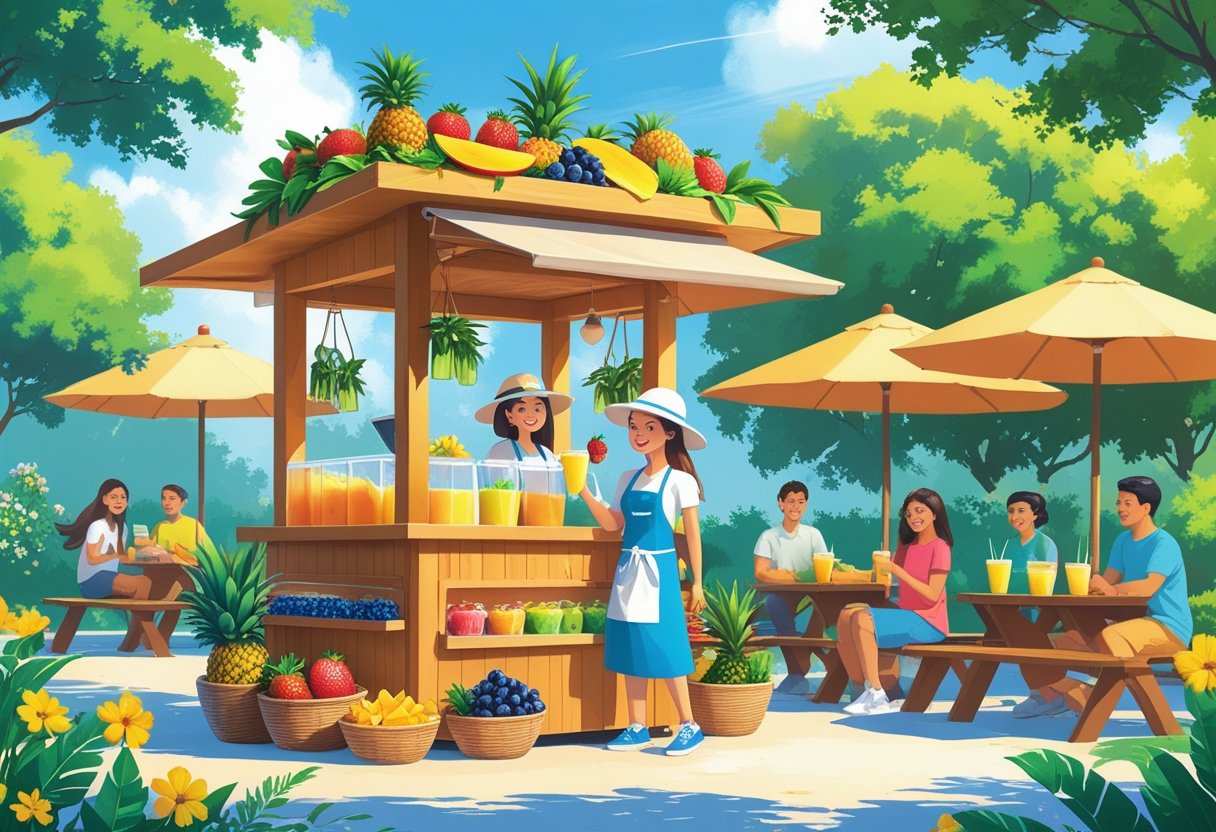 An outdoor smoothie stand on a sunny summer day with people enjoying colorful smoothies under shaded picnic tables surrounded by trees and flowers.