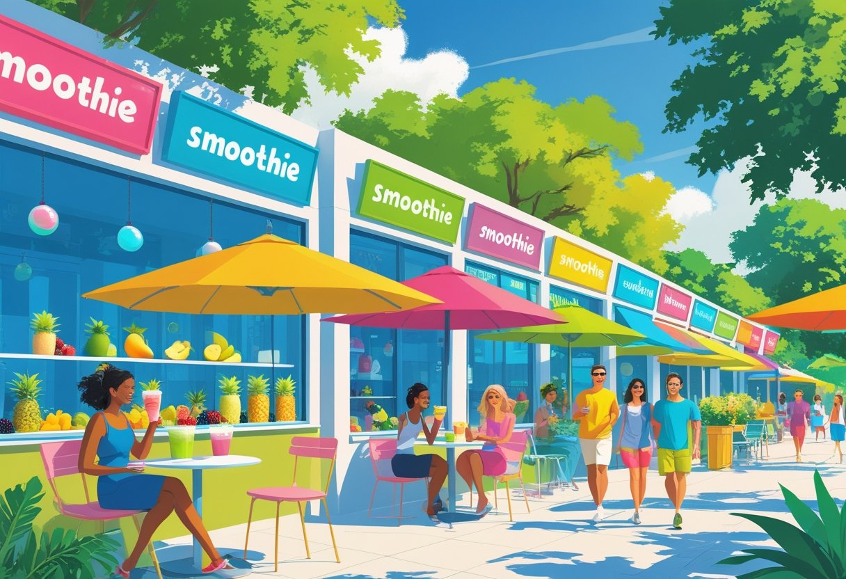 People enjoying smoothies outside colorful smoothie shops on a sunny summer day with trees and blue sky in the background.