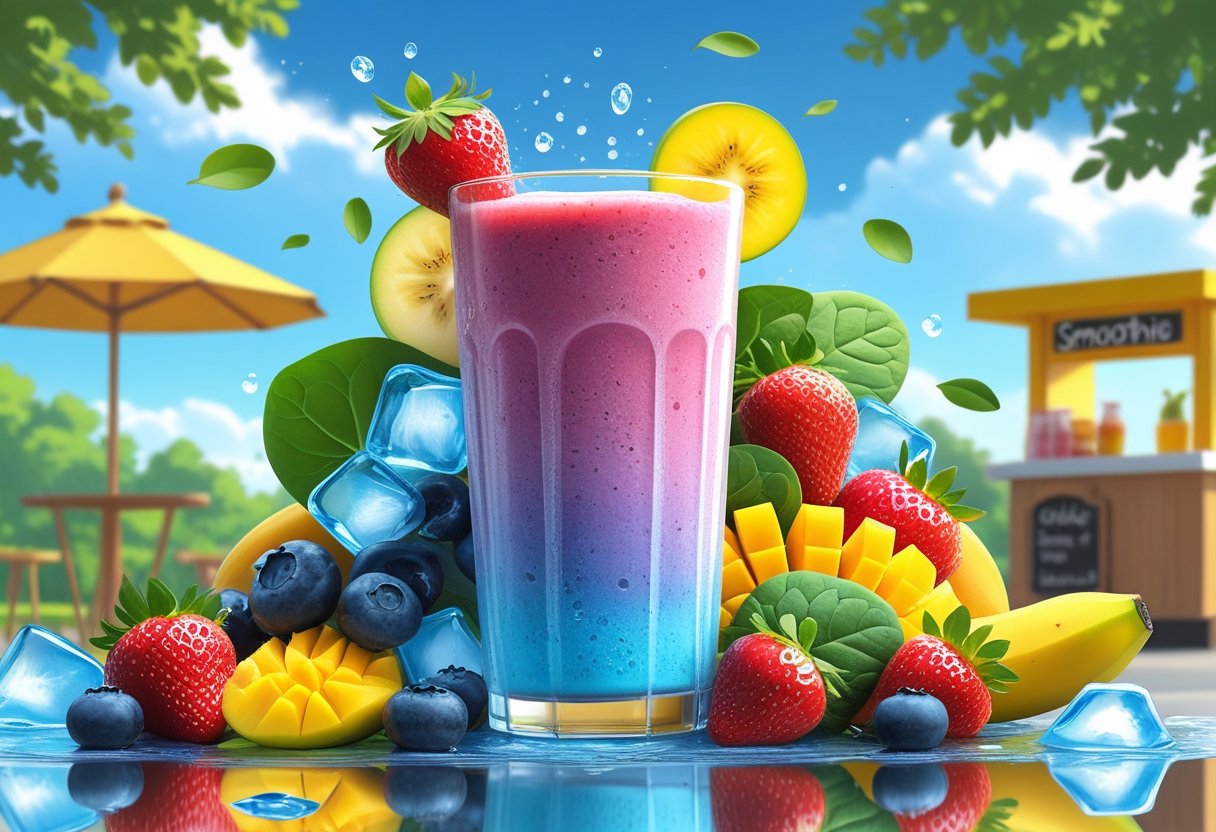 A tall glass of colorful smoothie surrounded by fresh fruits and ice cubes outdoors on a sunny summer day near a smoothie stand.