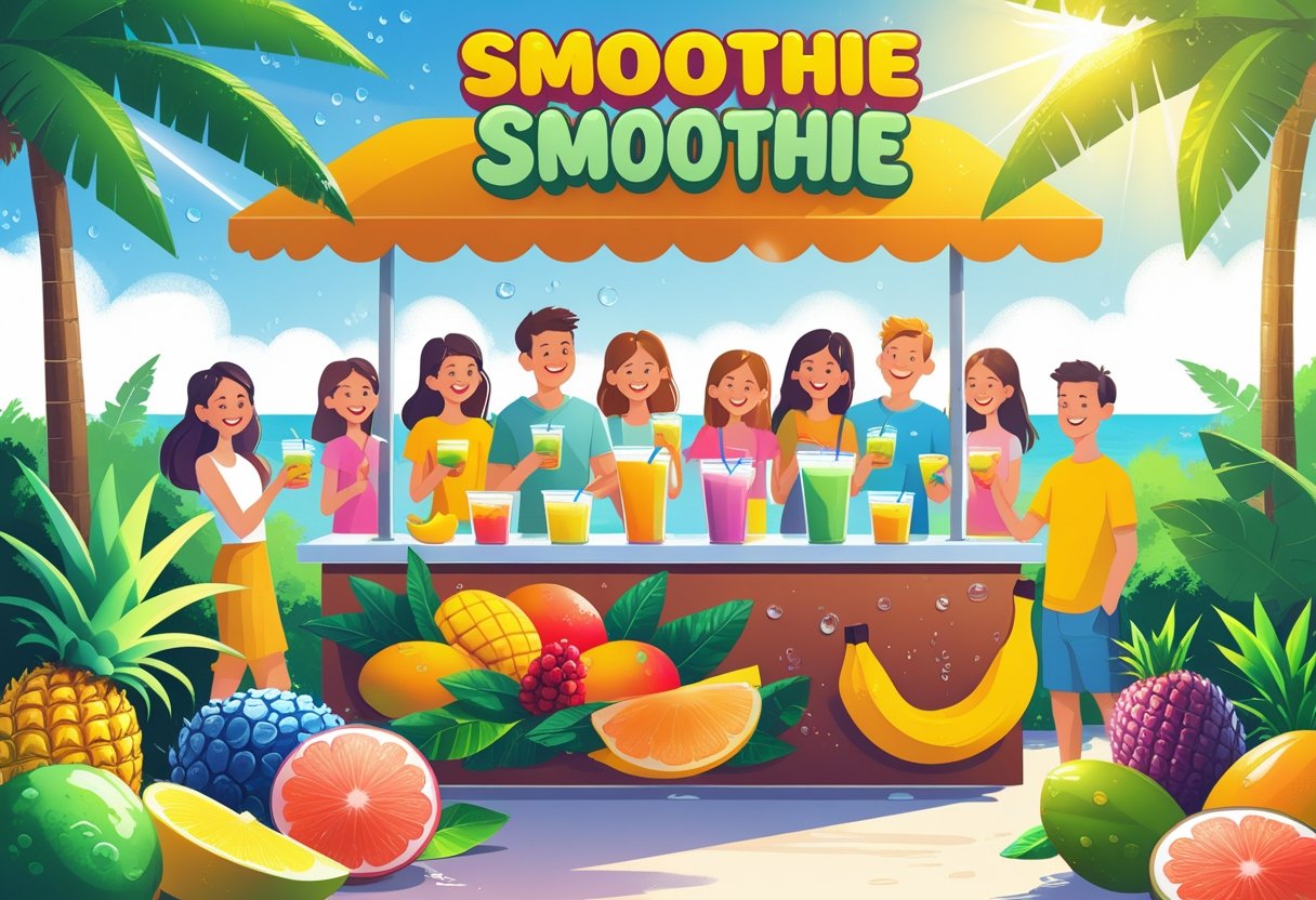 People enjoying fresh fruit smoothies at an outdoor smoothie stand on a sunny summer day surrounded by tropical fruits and greenery.