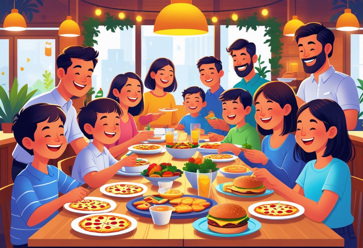Families with children enjoying a meal together in a lively restaurant setting.