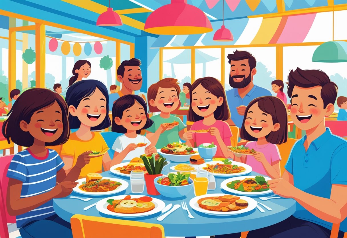 Families with children happily eating meals together inside a bright and welcoming restaurant.