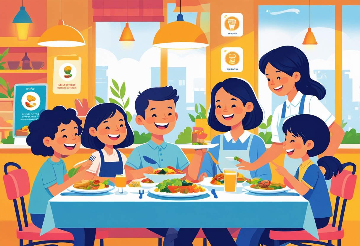 A family with children enjoying a meal at a restaurant while a staff member interacts with them, highlighting kid-friendly dining and special offers.
