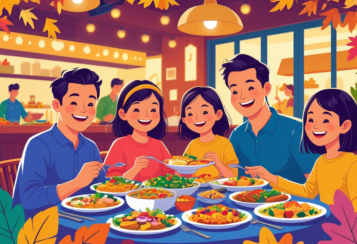 A family with children enjoying a meal together in a warm, decorated restaurant during a seasonal special event.