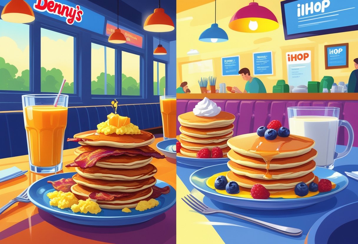 A split scene showing two diners side by side, one with a plate of breakfast food from Denny's including eggs, bacon, hash browns, and pancakes, and the other with IHOP's pancakes with berries and whipped cream, eggs, and sausage, with customers enjoying their meals.