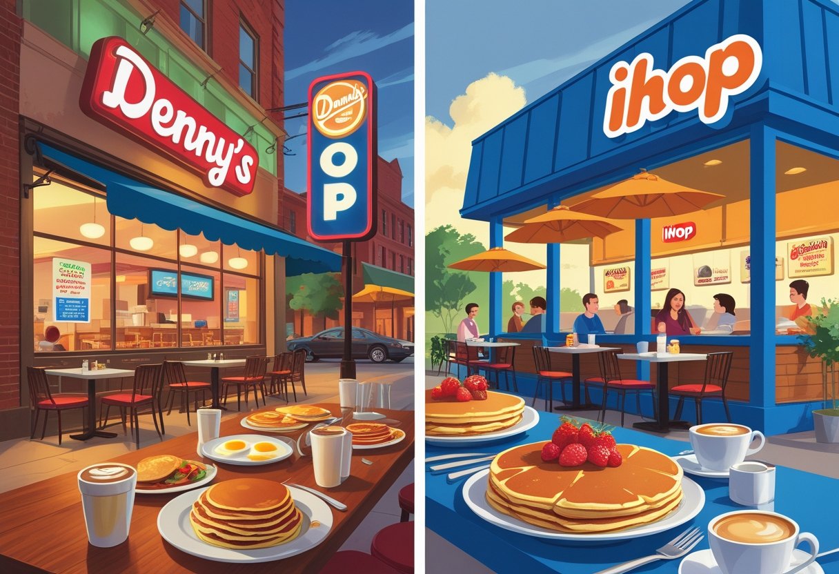 Side-by-side illustration of Denny's and IHOP restaurants with breakfast dishes and customers enjoying meals inside.