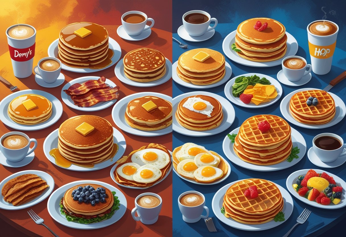 A side-by-side comparison of breakfast dishes from two restaurants, showing pancakes, eggs, bacon, waffles, and coffee arranged on plates.
