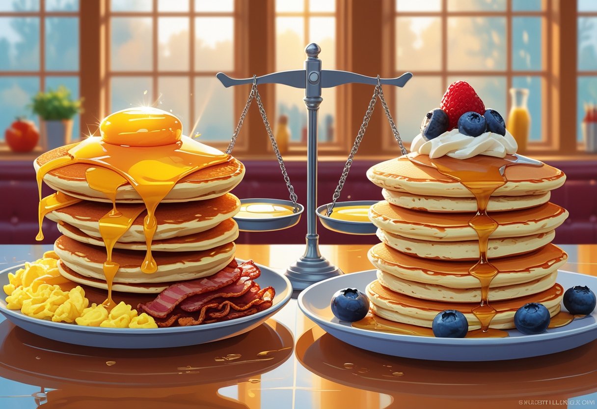 Two breakfast plates side by side on a diner table, one with eggs, bacon, hash browns, and pancakes, the other with pancakes topped with berries and whipped cream, eggs, and sausage, with a balance scale between them.