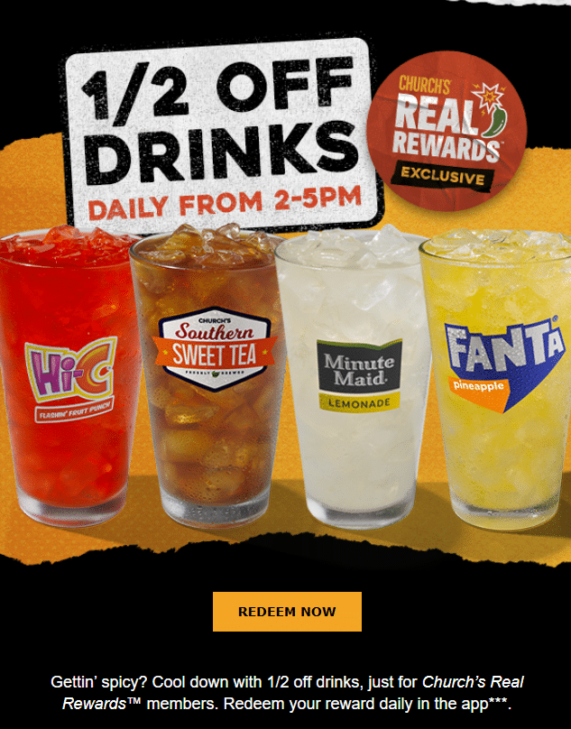 Church's 1/2 price drinks