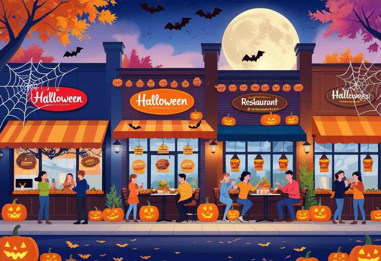 A lively street scene with several chain restaurants decorated for Halloween, showing people enjoying themed food and festive decorations like pumpkins and cobwebs under a full moon.