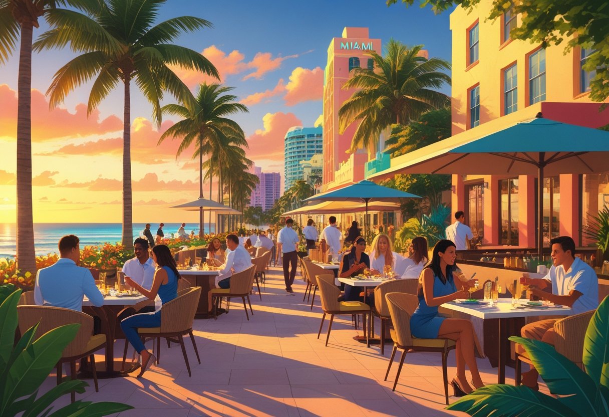 Outdoor restaurant in Miami with people dining under palm trees near colorful buildings by the ocean at sunset.