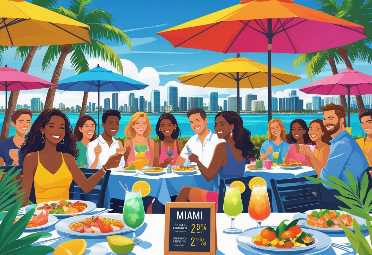 People enjoying food and drinks at outdoor restaurant tables with palm trees and Miami skyline in the background.