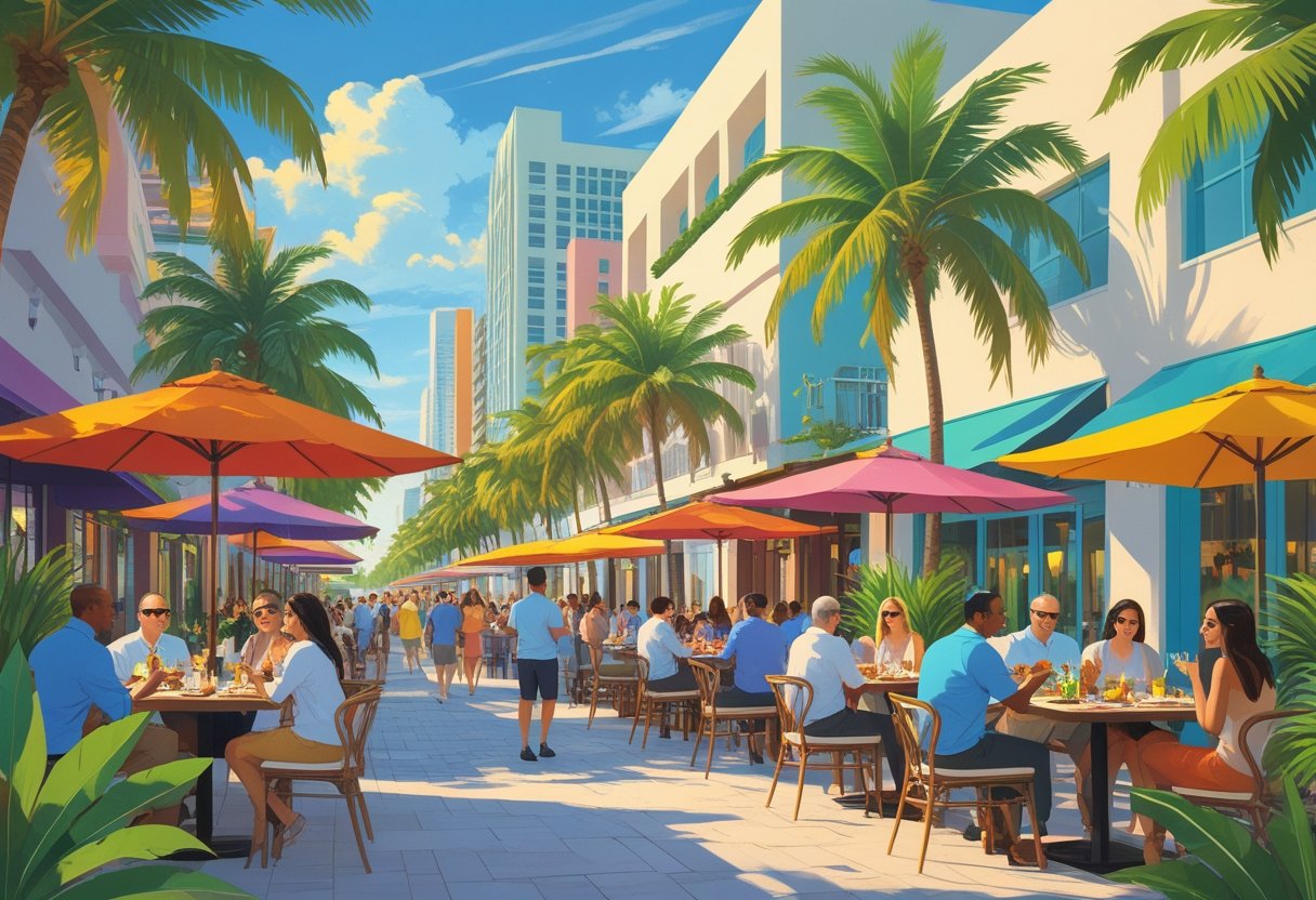 People enjoying outdoor dining at colorful Miami restaurants with palm trees and bright blue sky in the background.