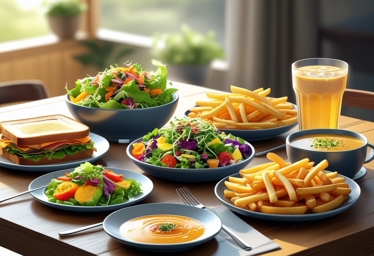 A variety of affordable meal options including a sandwich, salad, fries, soup, and a drink arranged on a wooden table.