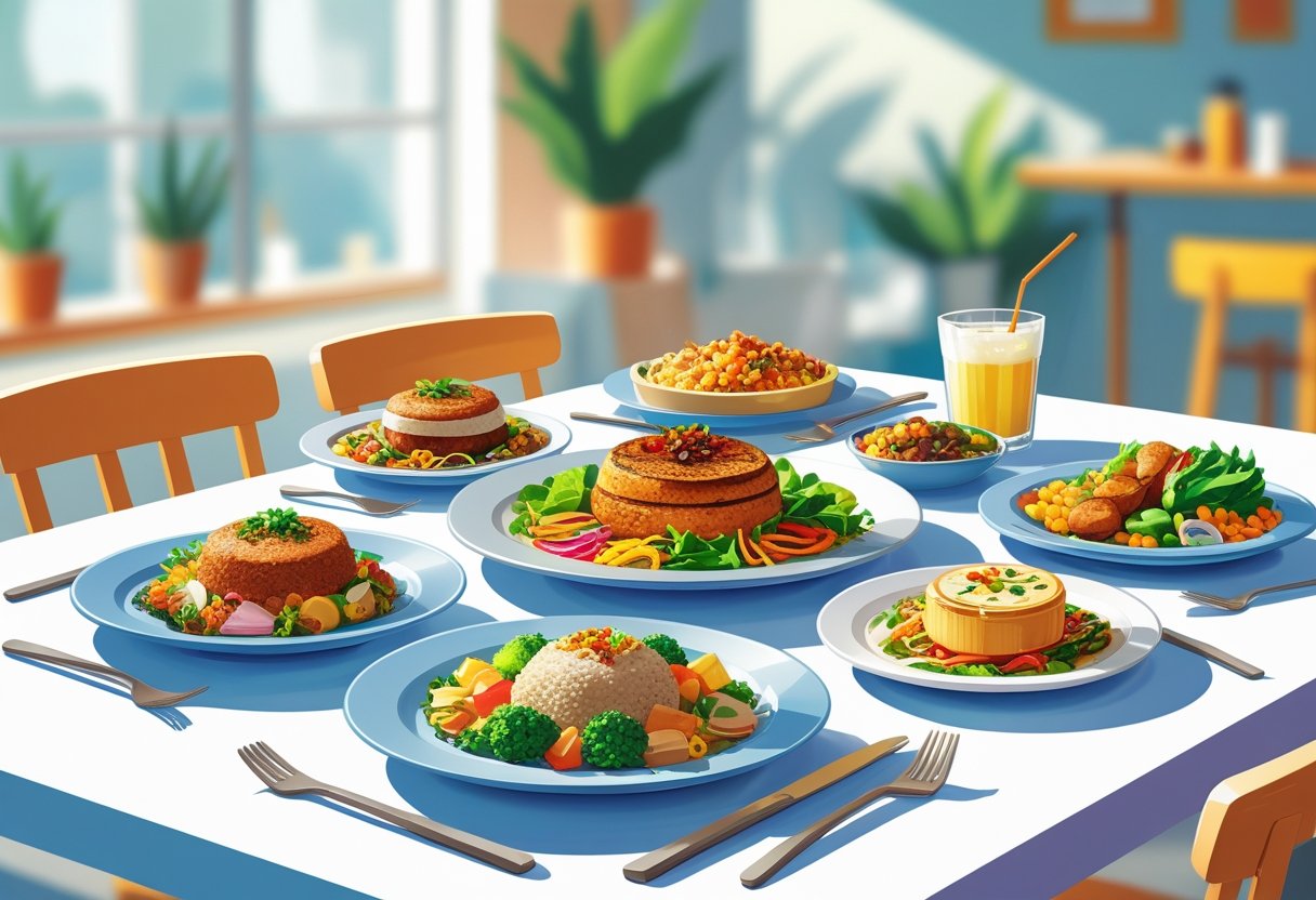 A table with several plates of diverse, colorful meals including main dishes, sides, and drinks in a casual dining setting.