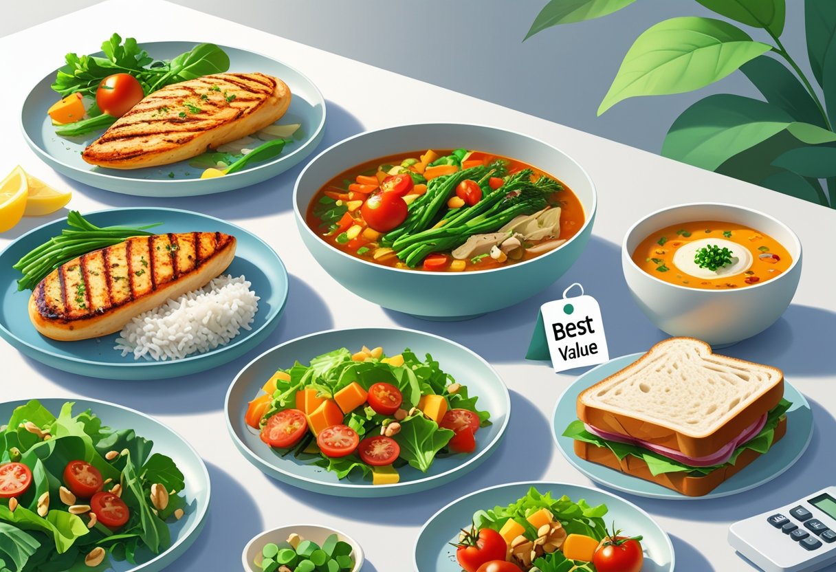 A table displaying a variety of affordable and nutritious meals including grilled chicken with vegetables, soup with bread, a fresh salad, and a sandwich.