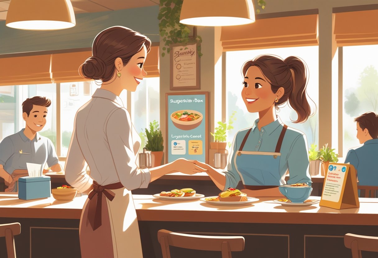 A customer politely talking to a smiling restaurant staff member at the counter inside a cozy restaurant with other diners enjoying meals.