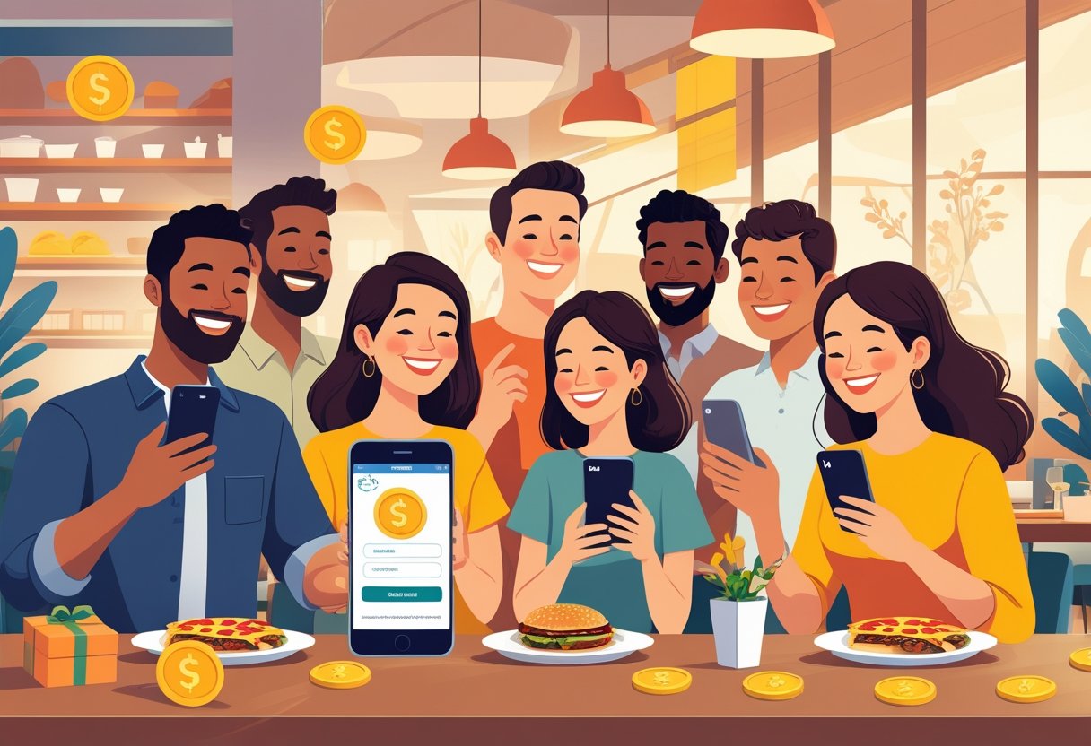 People inside a restaurant happily signing up for rewards programs on their smartphones, with icons representing free food rewards around them.