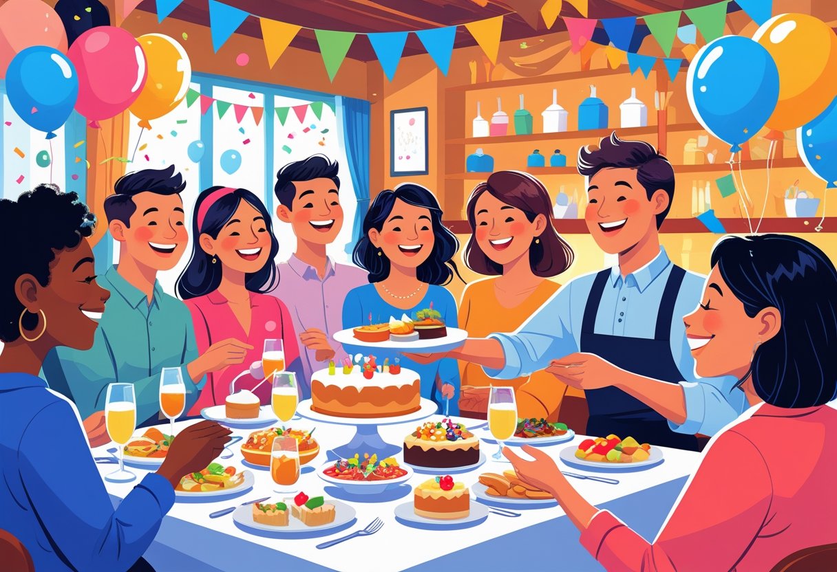 People celebrating at a restaurant with food and decorations, a waiter serving a complimentary dish to a smiling customer.
