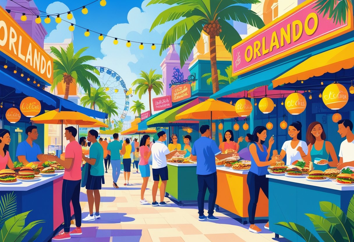 A lively street scene in Orlando with people enjoying food from various outdoor stalls and restaurants under string lights and palm trees.