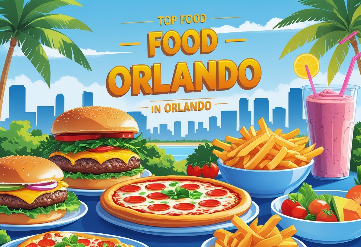 A variety of colorful food dishes including a burger, pizza slice, salad, fries, and a fruit smoothie with a background showing palm trees and a city skyline.