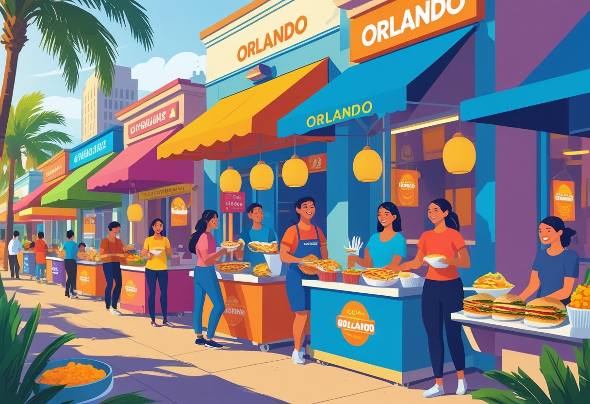 A lively street scene in Orlando with small food stalls and casual restaurants serving affordable meals to happy customers.
