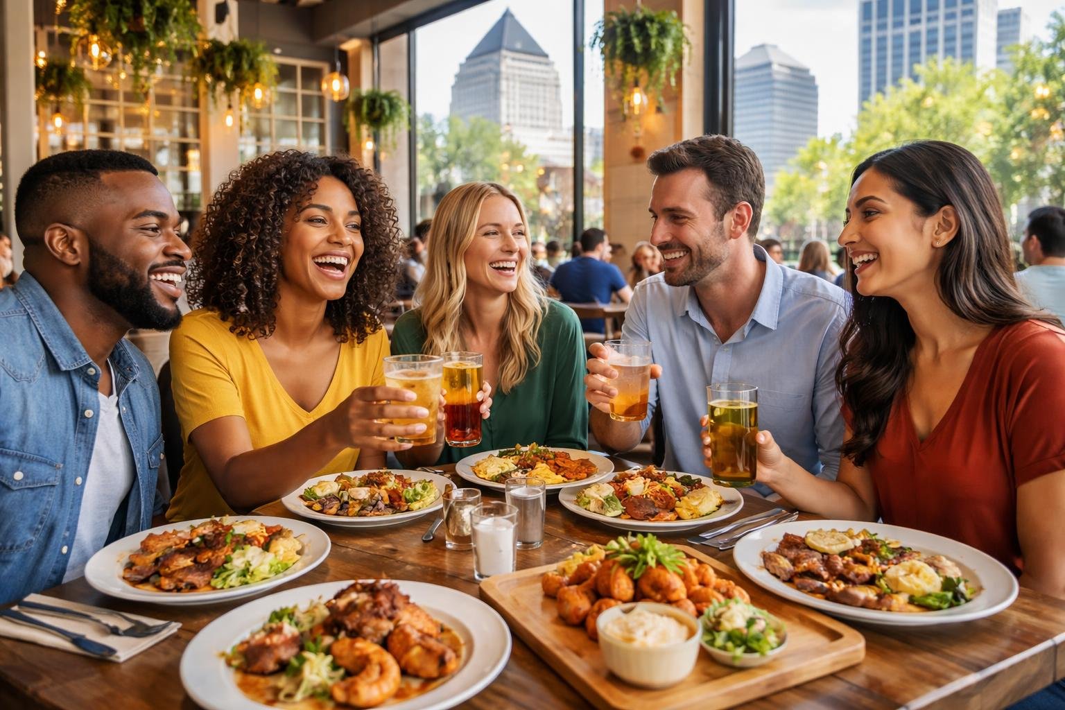 A group of people enjoying a meal together at a bright, modern restaurant with a variety of dishes on the table.