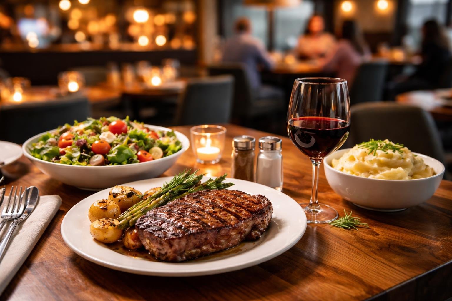 A dinner table with a variety of plated meals and a glass of wine in a busy restaurant.