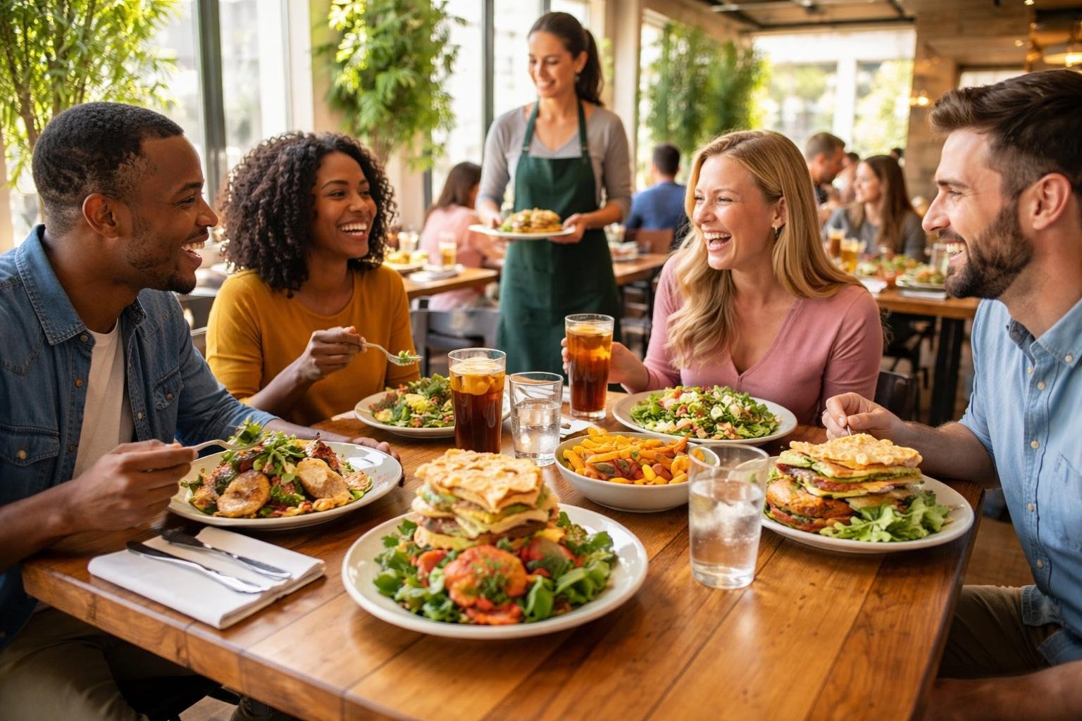 Customers enjoying lunch dishes at a busy restaurant with natural light and a warm, welcoming atmosphere.